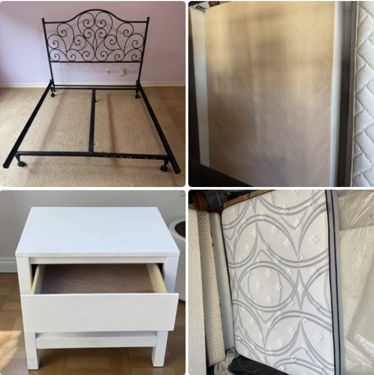 Like new Revive queen mattress $150, box spring $50, metal bed frame $50, nightstand $35