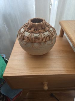 Handmade Pottery Vase With Wicker Accents