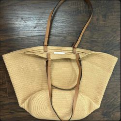 Woven Straw Tote With Brown Shoulder Straps