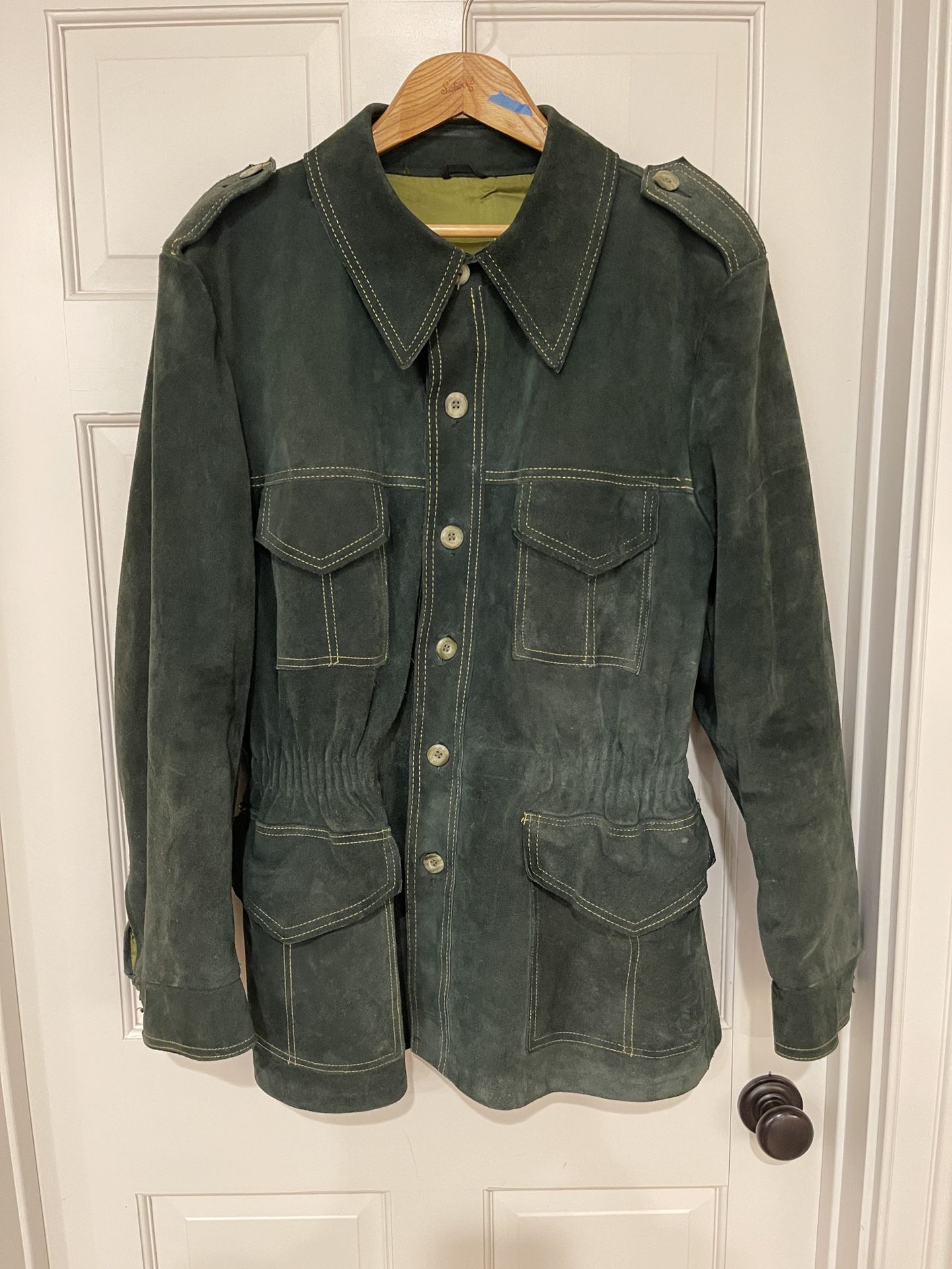 Dark Green Vintage Suede Leather Coat Jacket Size 46 ( XL )