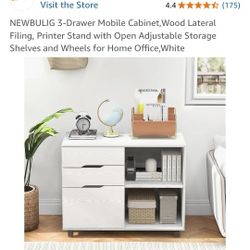 New, Open Box 3-Drawer Mobile Cabinet,Wood Lateral Filing, Printer Stand with Open Adjustable Storage Shelves and Wheels for Home Office