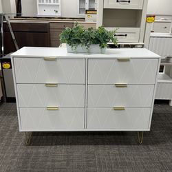 6 Drawer Dresser,Black Dresser for Bedroom, Wood Chest of Drawers with Diamond Board & Gold Metal Handles for Bedroom,Living Room,Closet Hallway (Whit