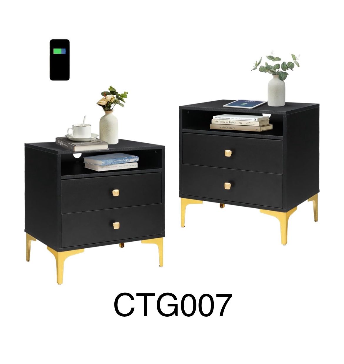 Nightstands Set of 2 with Wireless Charging Station, Wood nightstand, Bed Side Tables with 2 Drawers and Storage, Modren Design Nightstnads Set of 2 f