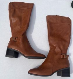 Style & Co. Vannie Cognac Brown Riding Boots Size 8M Side Zip Block Heels