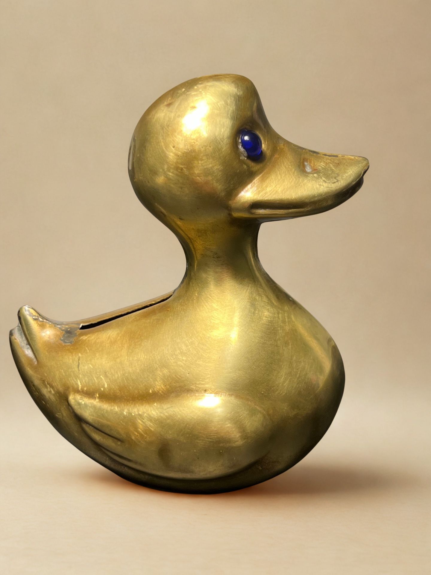Hobby Horse Hong Kong 1970s Brass Duck Bank Blue Glass Eyes NO PLUG, 4x5.5”