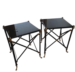 Vintage Brass & Iron Lion Head Campaign Style End Tables w/ Marble Tops - Pair