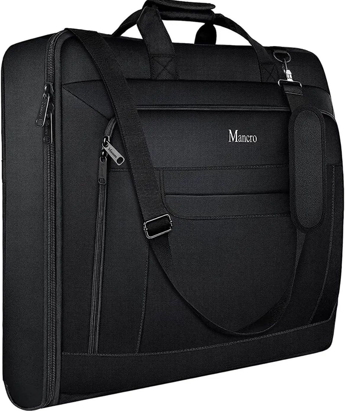 MANCRO Travel Garment Bag Black Shoulder Strap & Back Strap Zipper Closure
