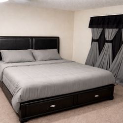 Premium King Mocha Upholstered Storage Bed + Like-New Charcoal P-Top Mattress