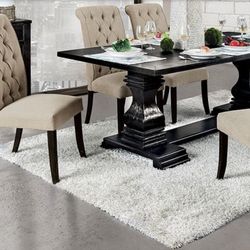 7pc  Black Wooden Trestle Table With Beige Linen Tufted Dining Chairs