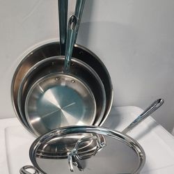 ALL CLAD 3 PIECE  FRYPAN SET AND 5 QT SAUCE PAN  WITH LID
