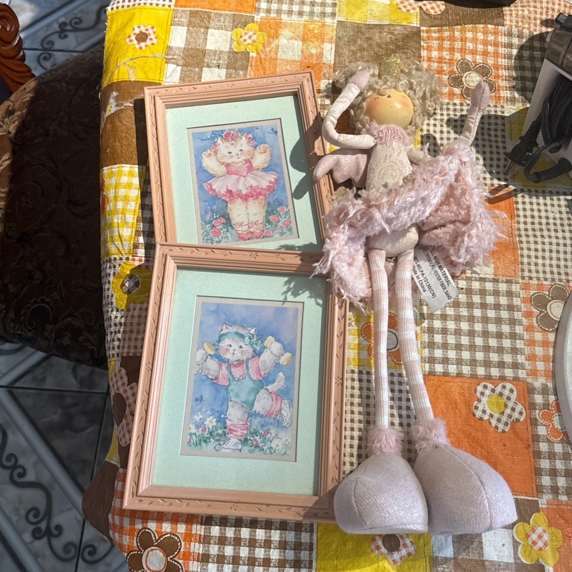 Lot For Girls Room Vintage Cat Prints And Pink Doll 