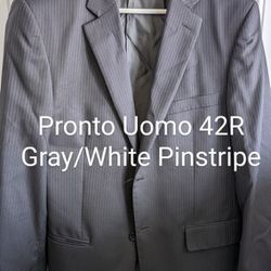 Mens Pronto Uomo Super 100's Gray W/ White Pinstripe Suit Coat Jacket 42R, 100% Wool, 2 Vents.
