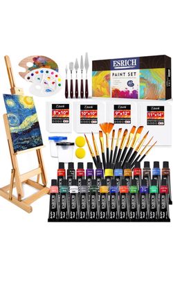 ESRICH 60PCS Acrylic Paint Set for Adults with Table Wood Easel Painting Brushes, 12 Canvas, Palette, Paint Knives, Brush Cup and Art Sponges for Adul
