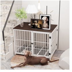Table Style Doggie Crates with Three Doors - Inside Modern Big TV Stand Style Puppy Wooden Kennel with Removable Tray for Medium Large Dogs White
