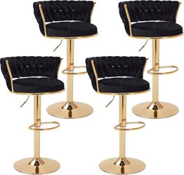 Bar Stools Set of 4, Modern-Contemporary Velvet Woven Counter Height Stools with Back and Arms, 360 Swivel Bar Chair, Black