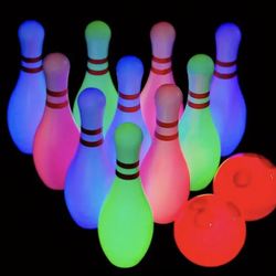 Brand New [Fun Bowling Set] 10 Bottles, 2 Balls Large Kids Plastic Light Up Bowling Set 