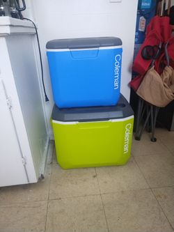 2coleman Ice Chest The Lime Green One Has A Handle Or You Pull It And It Rose The Blue One Is Just With The Handle He Wants $85 For Both
