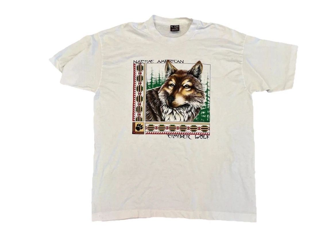 Native American Indian T-Shirt Timber Wolf Mens XL Retro 90s Y2K Tee Vintage