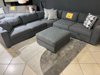 Gray Fabric Sectional Storage Sofa with Ottoman