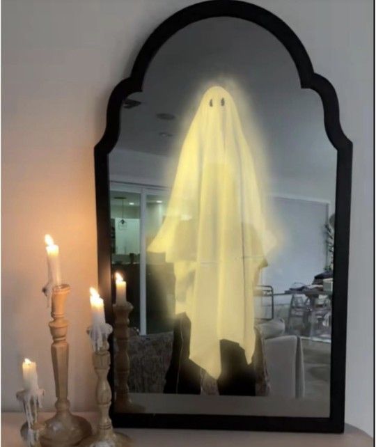 2025 Halloween Hologram Ghost Mirror – LED Spooky Haunted Mirror with Creepy Eyes, Indoor Halloween Wall Decor for Bedroom, Living Room, Fireplace, DI