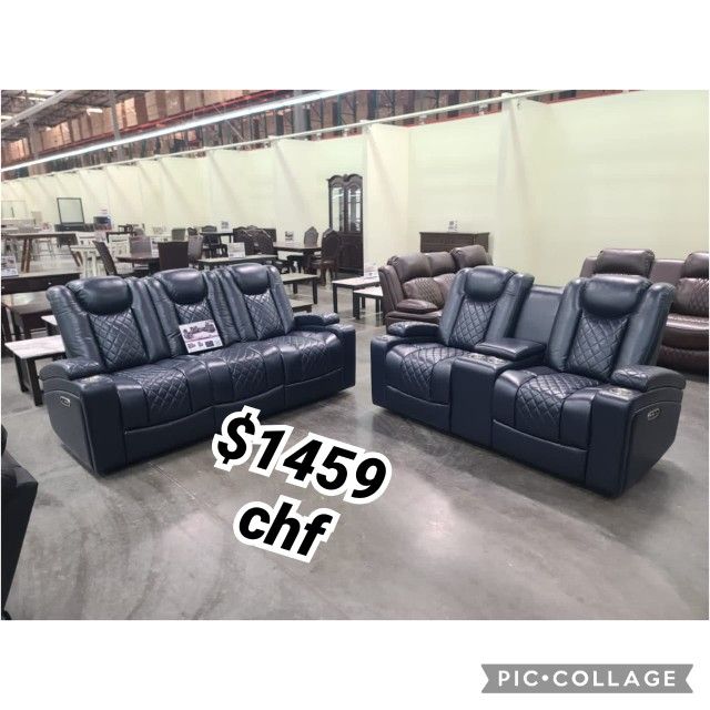 Ink Blue  Power Reclining Sofa And Loveseat Set
