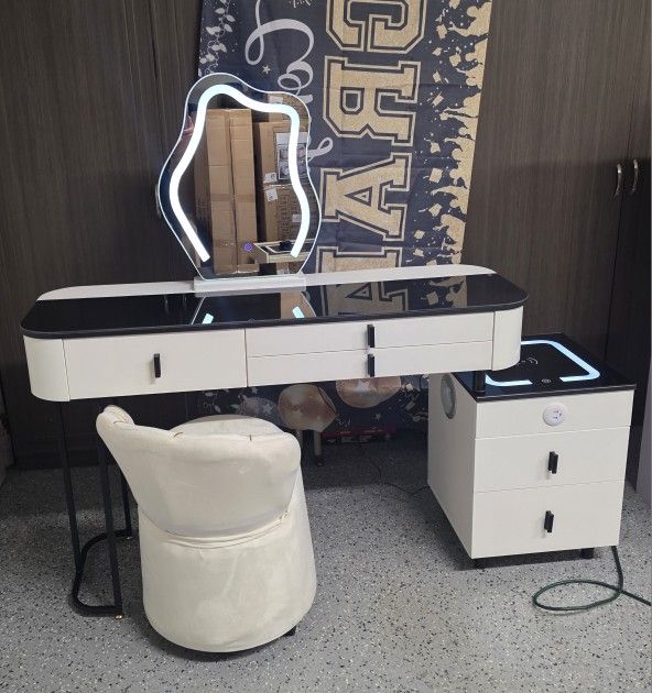 smart makeup vanity set with side cabinet