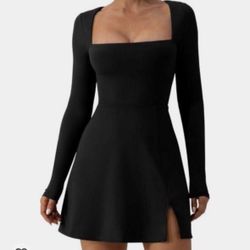 QINSEN Womens Square Neck Bodice Dress Long Sleeve Side Slit Flare Mini Dresses