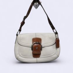 Coach Soho White and Brown Leather Buckle Flap Shoulder Bag - Vintage Y2K