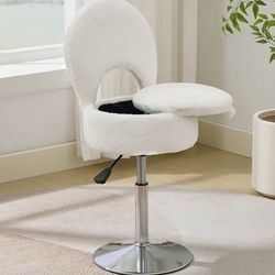 Small girls  White Vanity Stool Chair with Storage Ottoman Adjustable Vanity Chair with Folding Bac