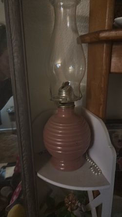 Vintage Pink Ceramic Oil Lamp with Glass Chimney