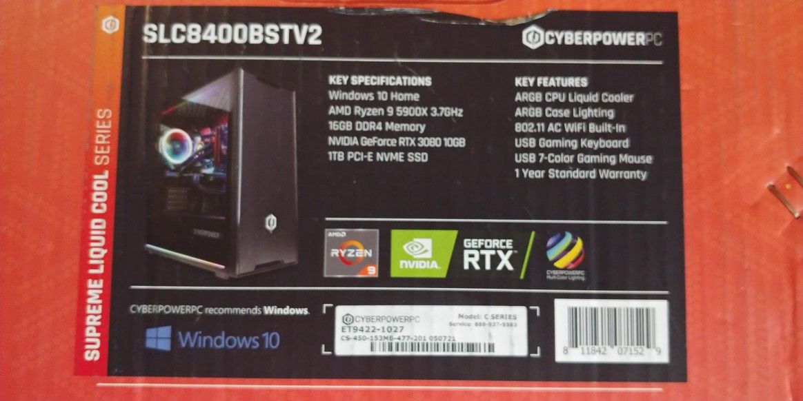EVGA RTX 3080 Gaming PC with 5900x CPU - Brand New CyberpowerPC - SLC8400BSTV2