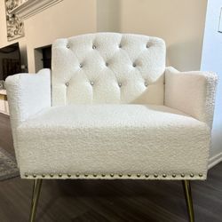 White Accent Armchair, Fuzzy Fabric, Gold Accents, Diamond Button Tufted. 