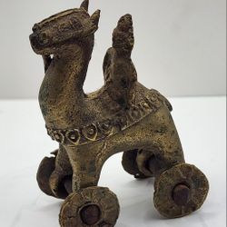 Antique Asian Hindu Bronze Temple Toy Camel on Wheels With Rider 2.5" Tall 