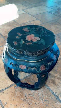Mid-Century Chinese Hand-Painted Black Lacquer Lamp Table