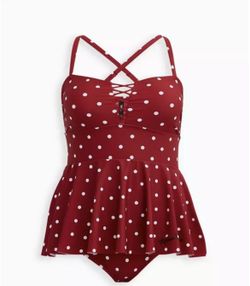 Torrid Disney Minnie Mouse Red Retro Lattice-Front Peplum One-Piece Swimsuit