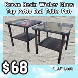 NEW Brown Resin Wicker Glass Top Patio End Table Pair: njft 