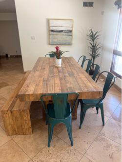 Emmerson Reclaimed wood dining table & bench from West Elm