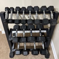 Coated chrome handle dumbbell set with storage rack