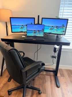 Sit-Stand Desk + 2 Dell Monitors + Office Chair – Home Office Setup