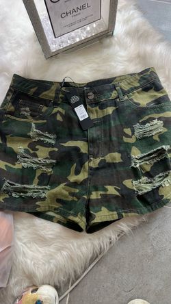 Camo Distressed Denim Shorts – New with Tags