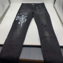 AMIRI Black Distressed Jeans with Angel Graphic – Men’s Designer Denim