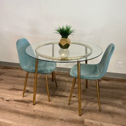 Blue Gold Velvet Modern Glass Dining Set