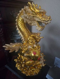 Gold Chinese Dragon Figurine with Pearl