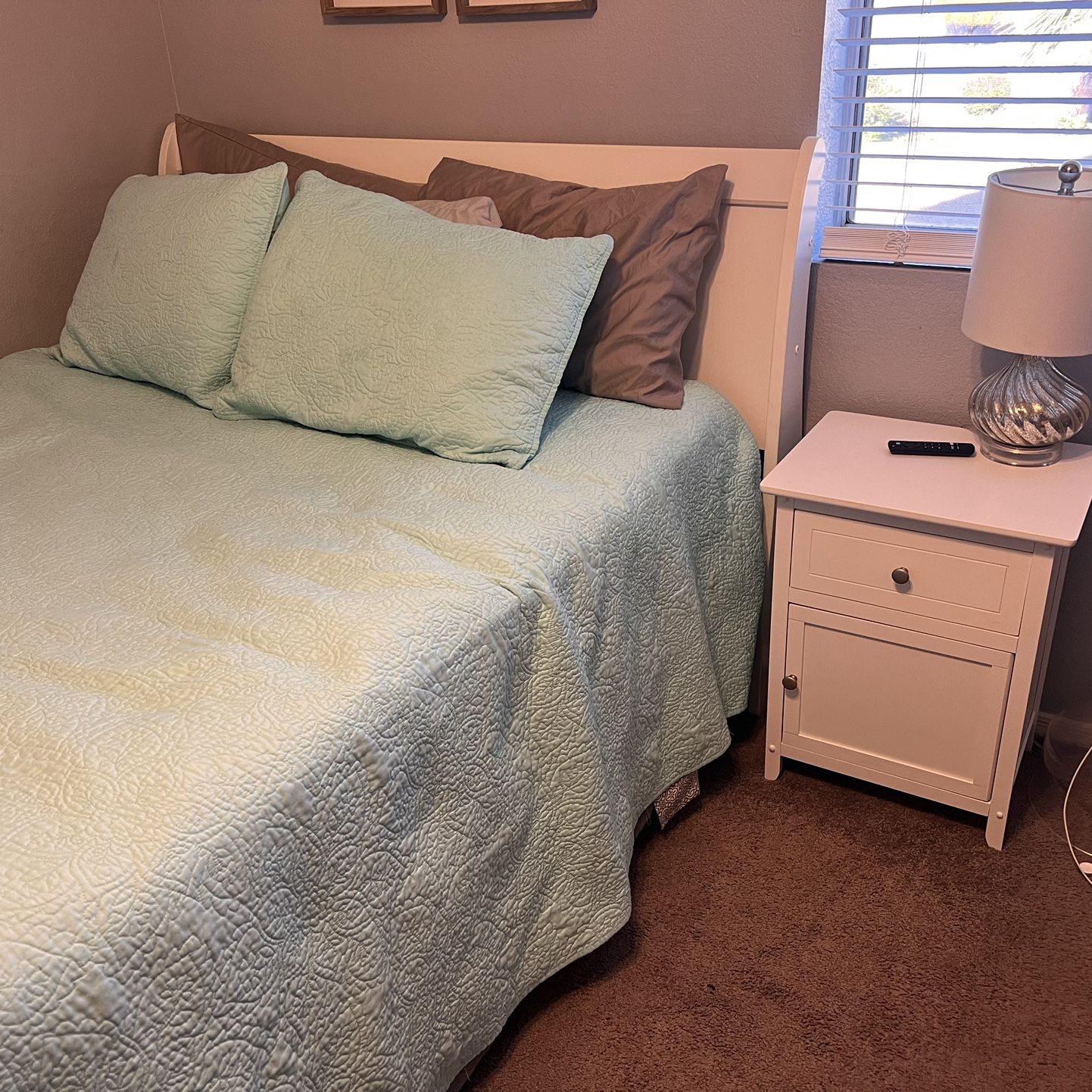 White Queen Bed Frame/Mattress/Boxspring And Nightstand