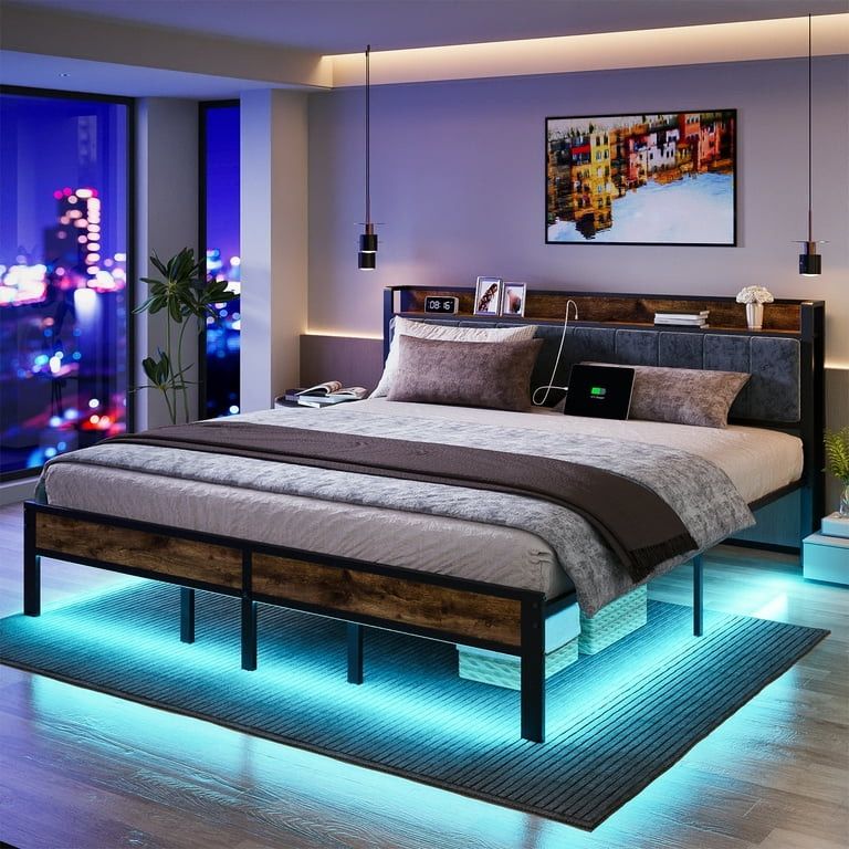 King Size Platform Bed Frame with Headboard, USB Charging Station and LED Light, Under Bed Storage, No Box Spring Needed, Noise-Free