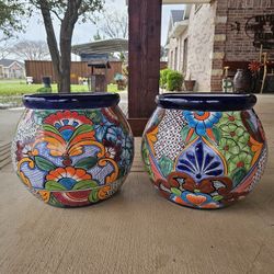 Talavera Blue Rim Sphere Clay Pots. Planters. Plants. Pottery $65 each
