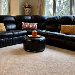 Leather Black Sectional Sofa With 2 Recliners, 1 Hide A Bed