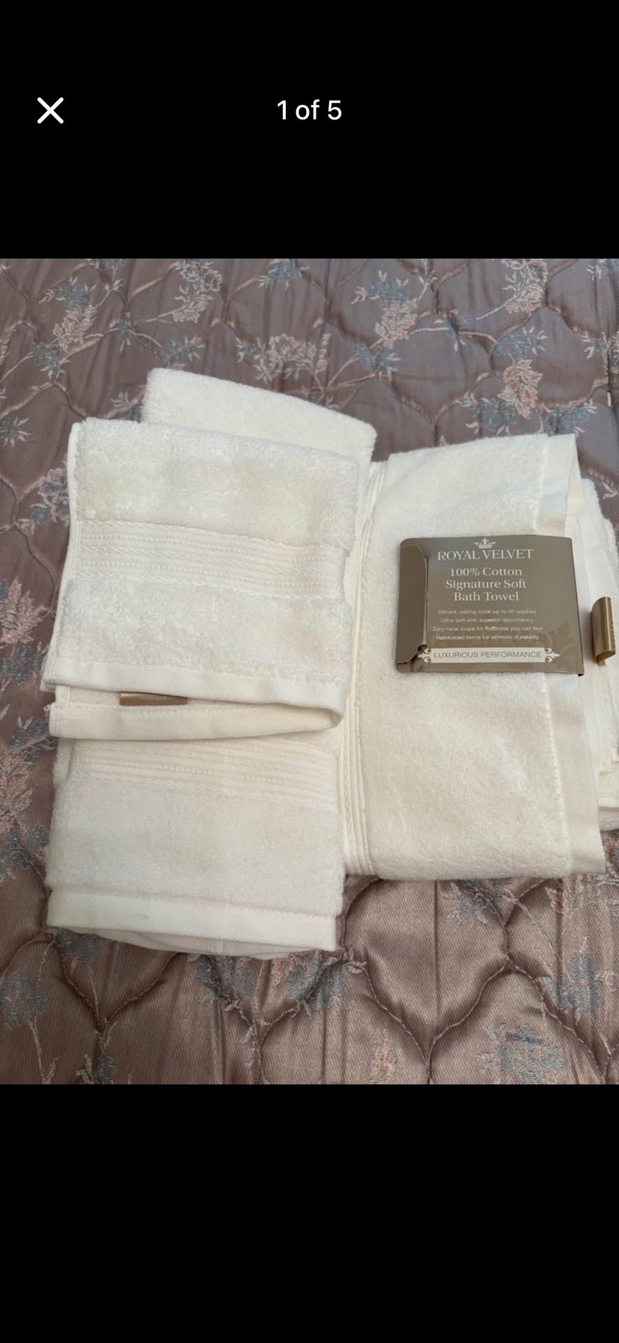 New With Tags Royal Velvet 3 Piece Towel Set. Bath/Hand/WashCloth. White