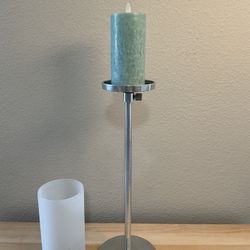 Silver Candle Holder With White/Opaque Glass 