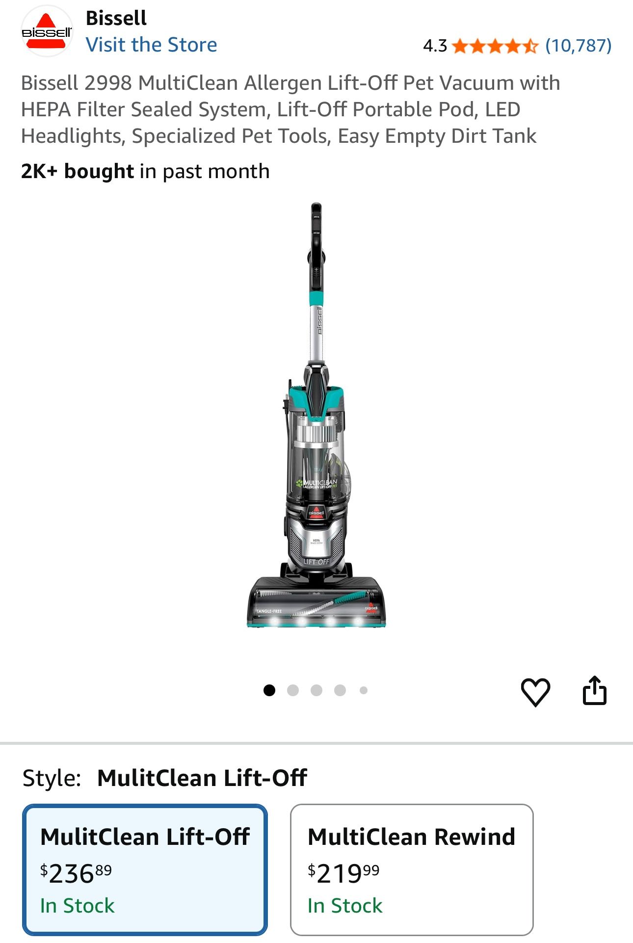 Bissell 2998 MultiClean Allergen Lift-Off Pet Vacuum with HEPA Filter Sealed System, Lift-Off Portable Pod, LED Headlights, Specialized Pet Tools, Eas